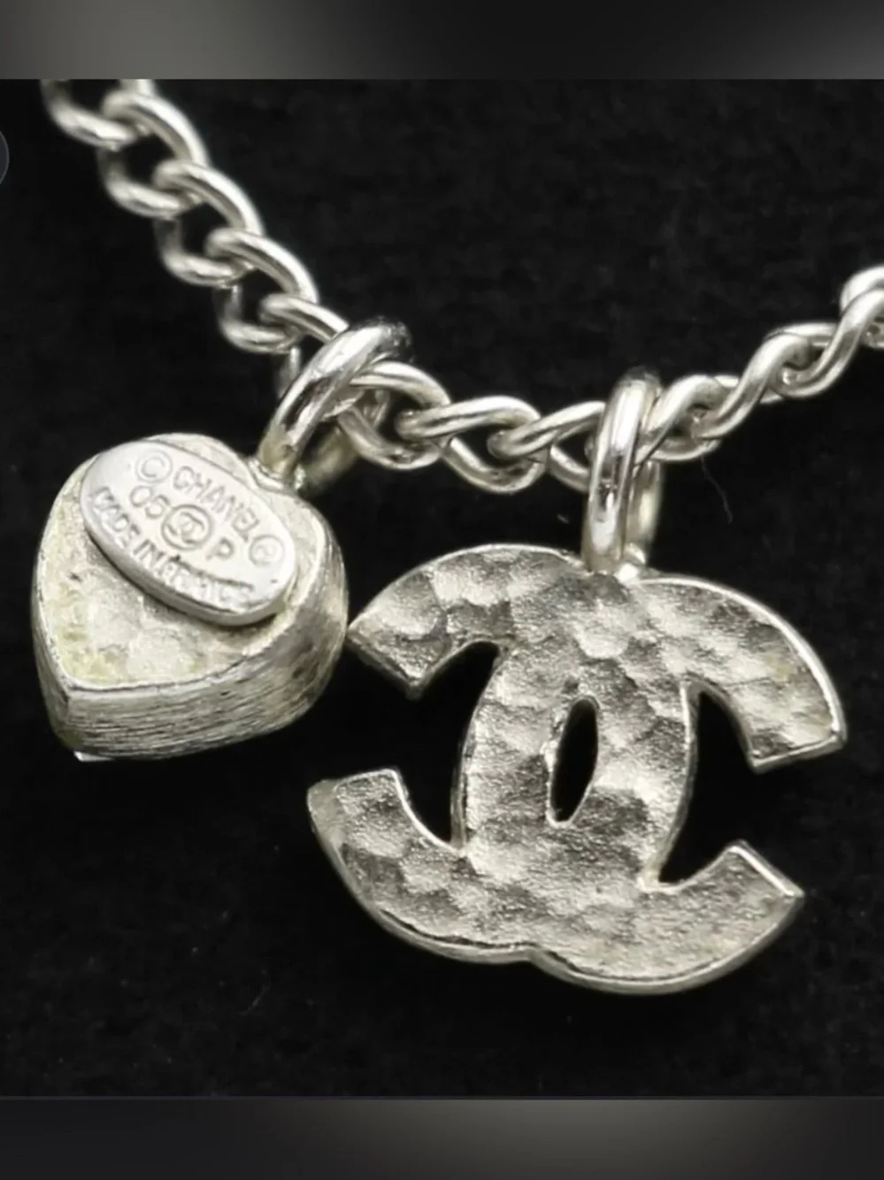Chanel CC Rhinestone Charm Necklace with Heart Pendant